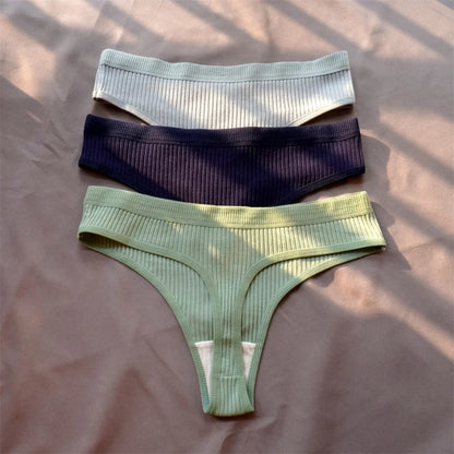 Cotton Ribbed Thong 3PCS Women's Seamless Low Rise G String