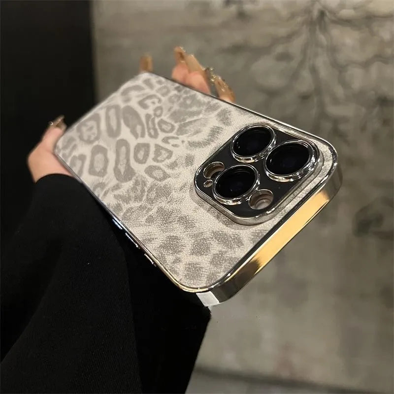 Leopard Print iPhone Case with Leather Texture & Lens Protection