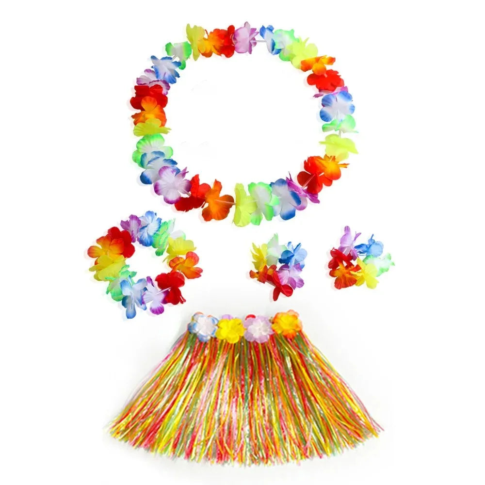 Hawaiian Luau Costume Set with Grass Skirt & Flower Leis