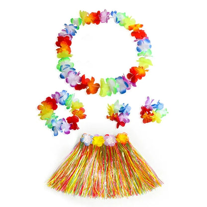 Hawaiian Luau Costume Set with Grass Skirt & Flower Leis