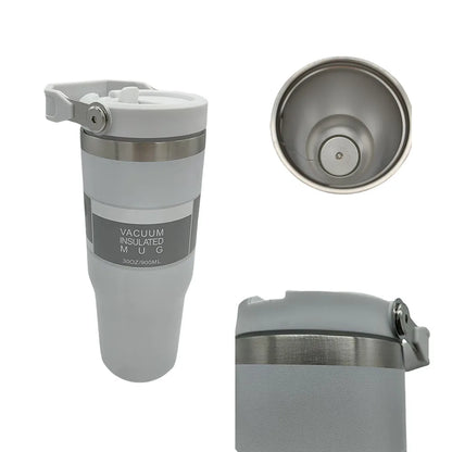 A portable stainless steel tumbler with a convenient handle for travel, work, commuting, and everyday hydration.