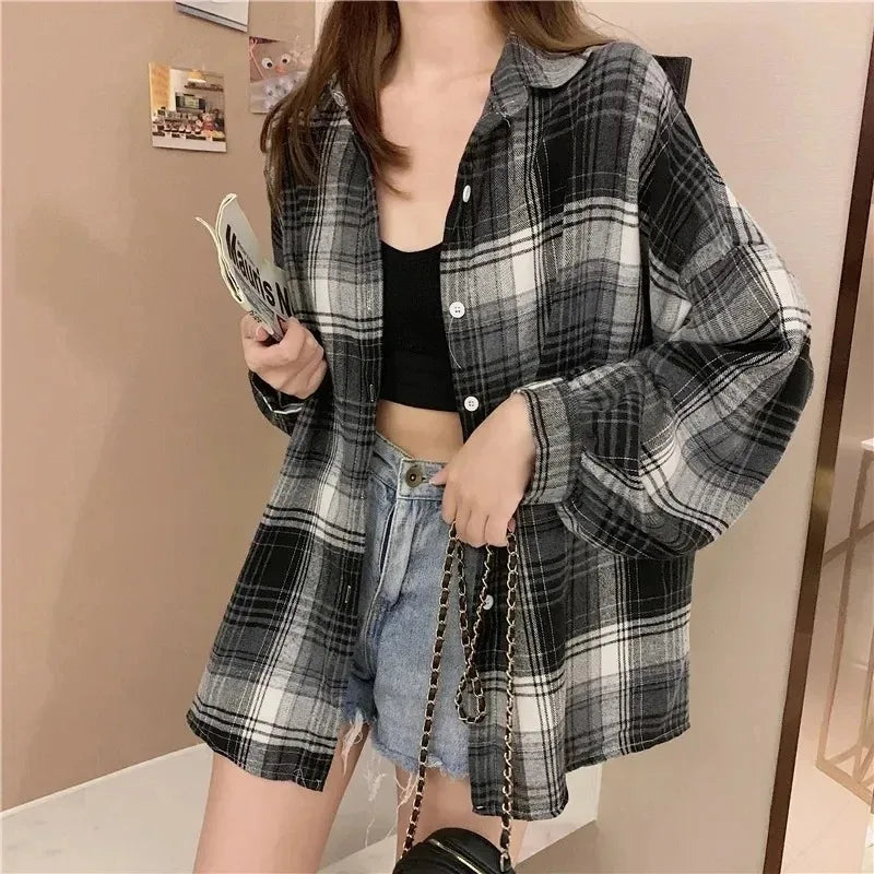 Plaid Shirt Women Long Sleeve Loose Check Button Down Blouse
