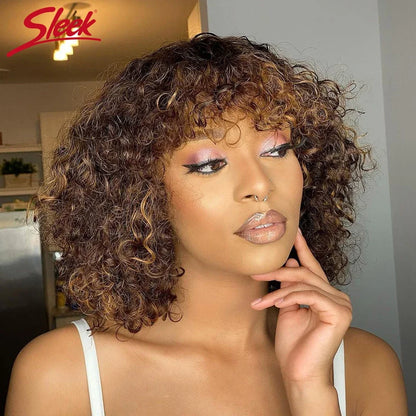Pixie Bob Human Hair Wig with Bangs Honey Blonde Jerry Curly