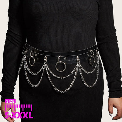 Women Punk Gothic PU Leather Waist‑Thigh Harness Garter Belt, Adjustable Chain Decor Accessory for Rave Festival Halloween Outfi