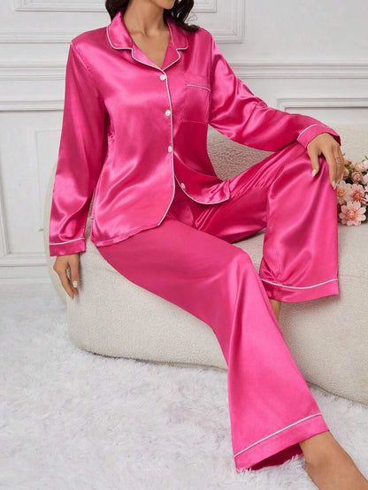 Women's Satin Pajama Set Long Sleeve Button Up Loungewear