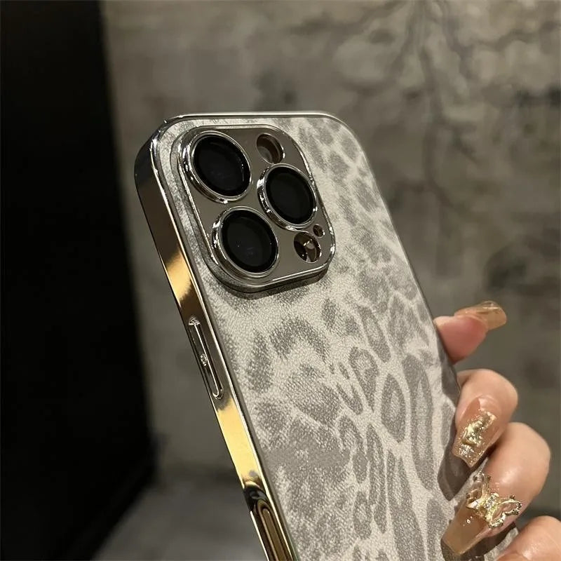 Leopard Print iPhone Case with Leather Texture & Lens Protection