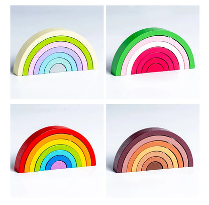 Wooden Rainbow Stacking Blocks Montessori Arch Bridge Toy