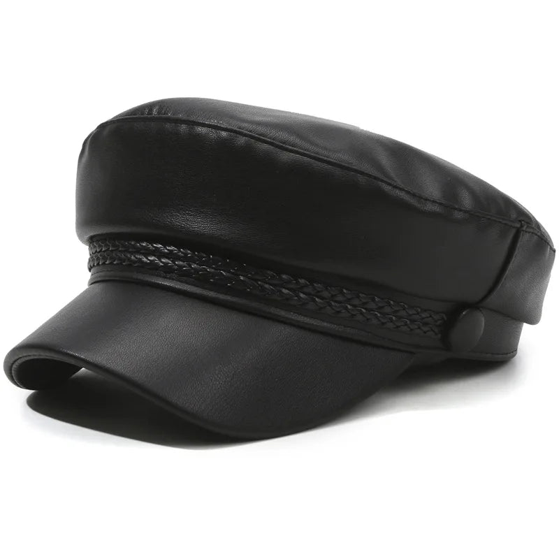 Women's Faux Leather Beret Retro Flat Top Painter Hat