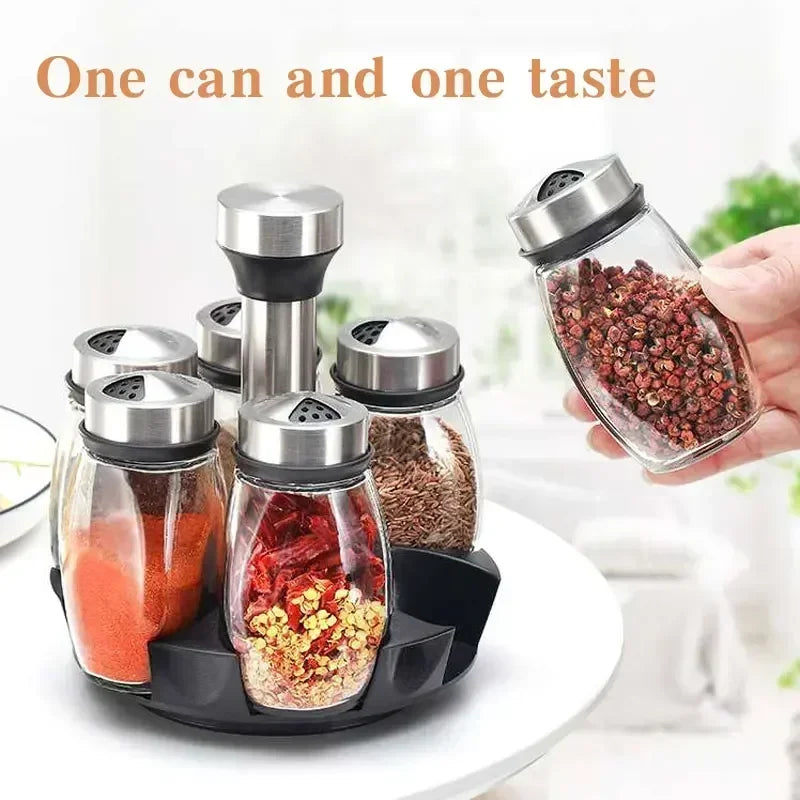 Glass Spice Jar Set with Rack, 6-Piece Seasoning Storage Organizer