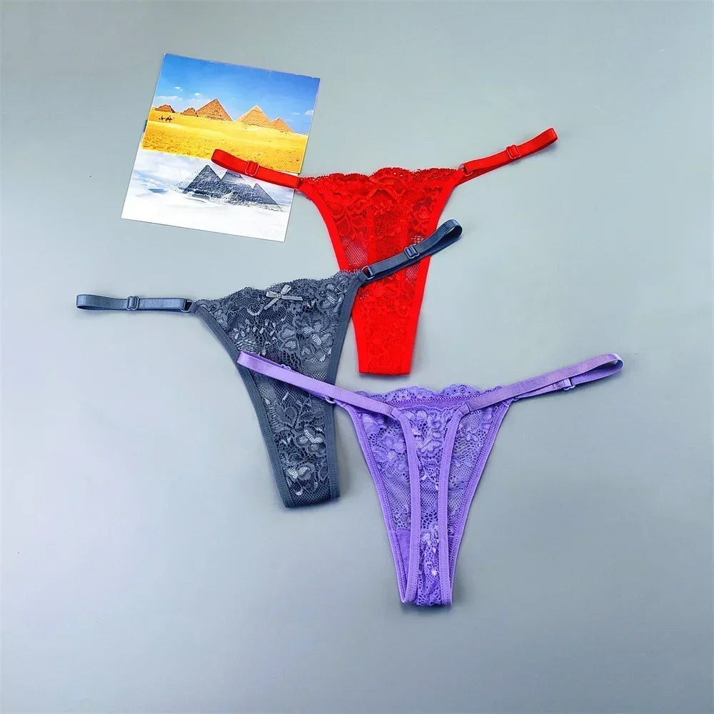 Women's Lace Thong Panties 3PCS Adjustable Low Rise Set