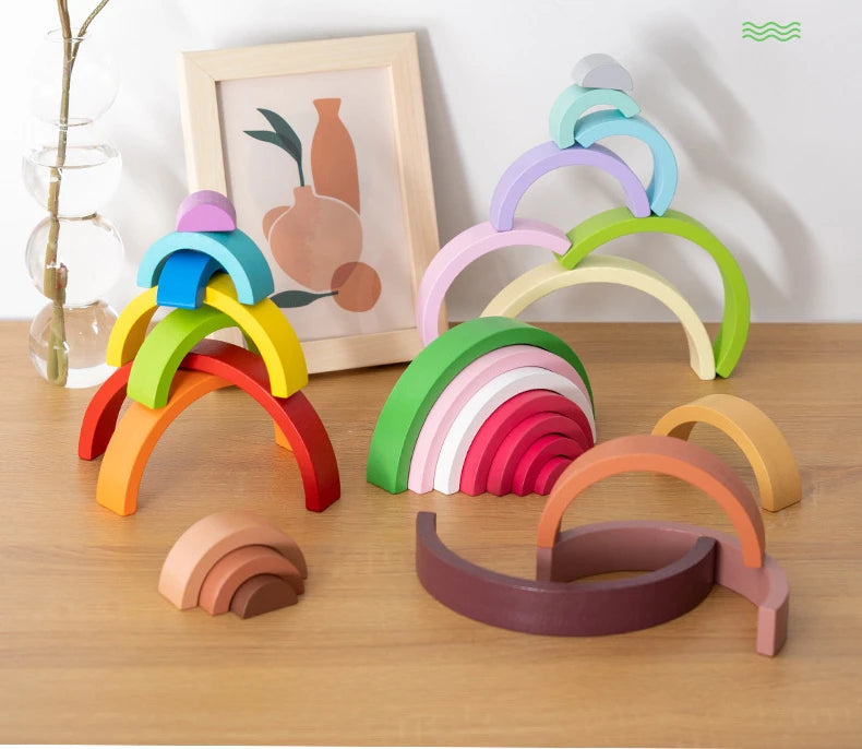 Wooden Rainbow Stacking Blocks Montessori Arch Bridge Toy