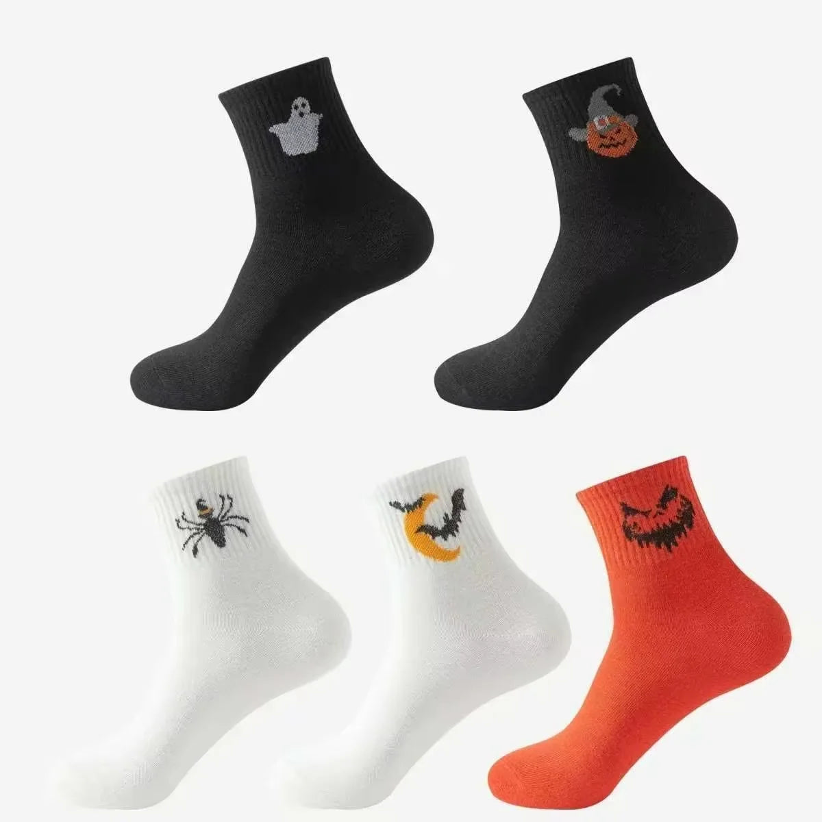 5-Pair Halloween Novelty Socks for Men: Spooky Designs, Breathable Cotton, Mid-Calf, Party Favors