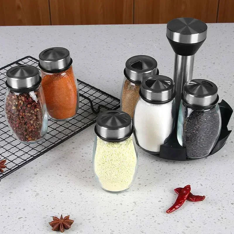 Glass Spice Jar Set with Rack, 6-Piece Seasoning Storage Organizer