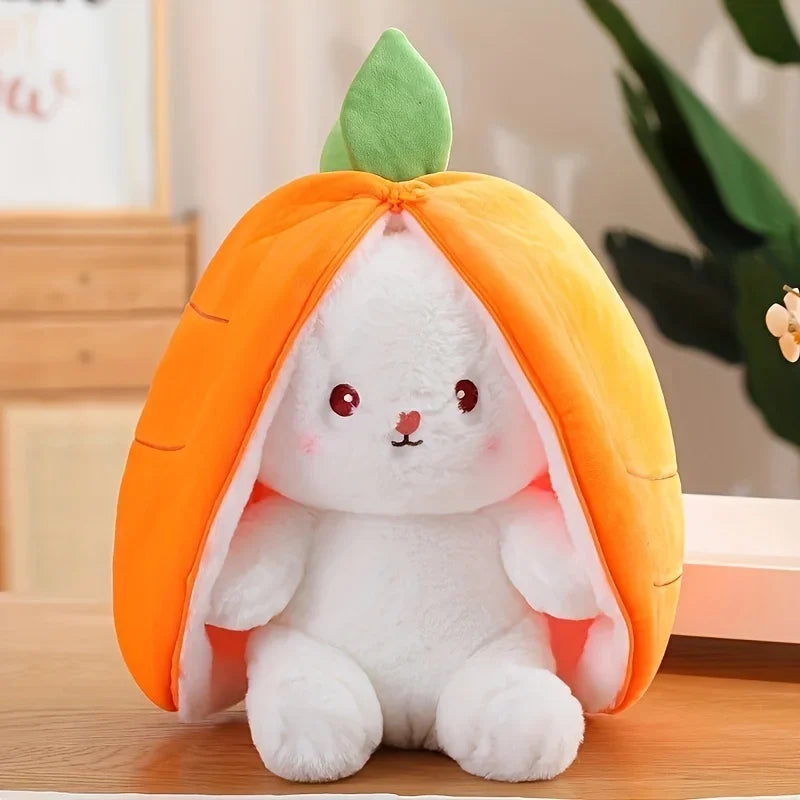 Reversible Bunny Plush Doll Pillow with Carrot Strawberry Cover