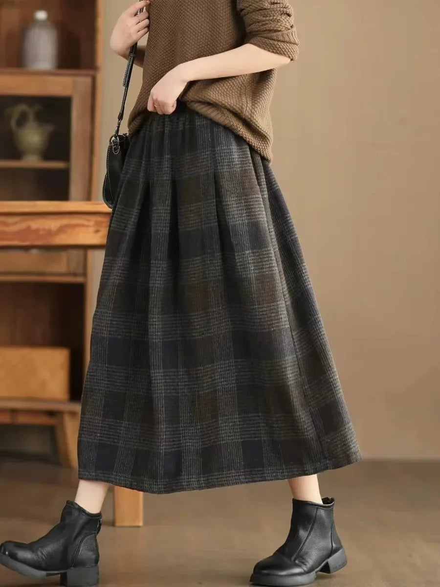 Women's Woolen Skirt 10% Wool Plaid A-Line Mid Length Winter Skirt