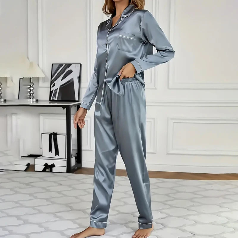 Women's Satin Pajama Set Long Sleeve Button Up Loungewear