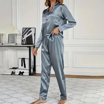 Women's Satin Pajama Set Long Sleeve Button Up Loungewear