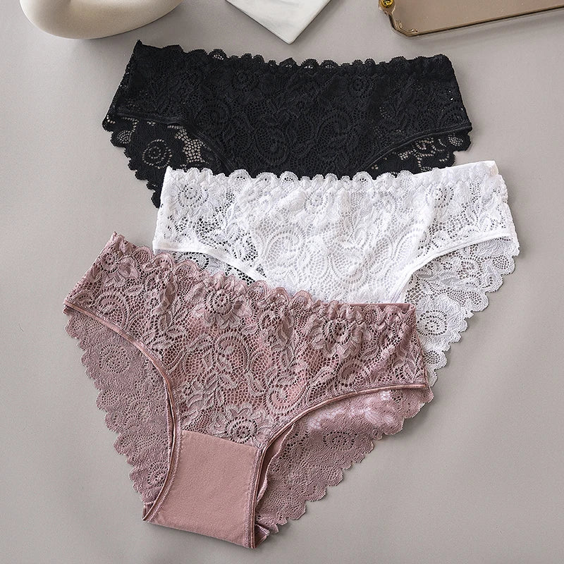 Lace Cotton Panties 3PCS Floral Embroidered Women's Briefs