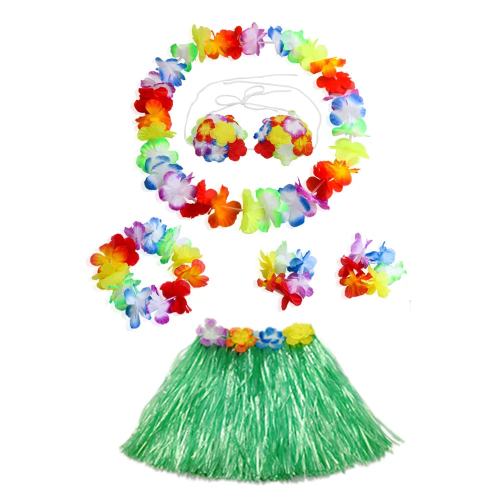 Hawaiian Luau Costume Set with Grass Skirt & Flower Leis