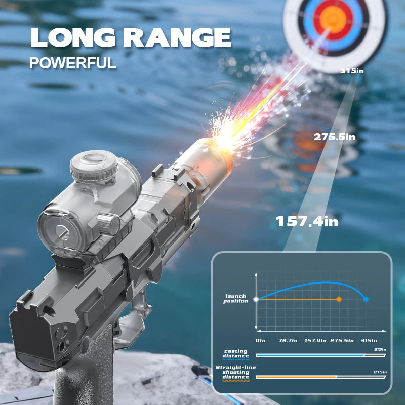 A rechargeable water blaster made for exciting pool, beach, and outdoor water games.