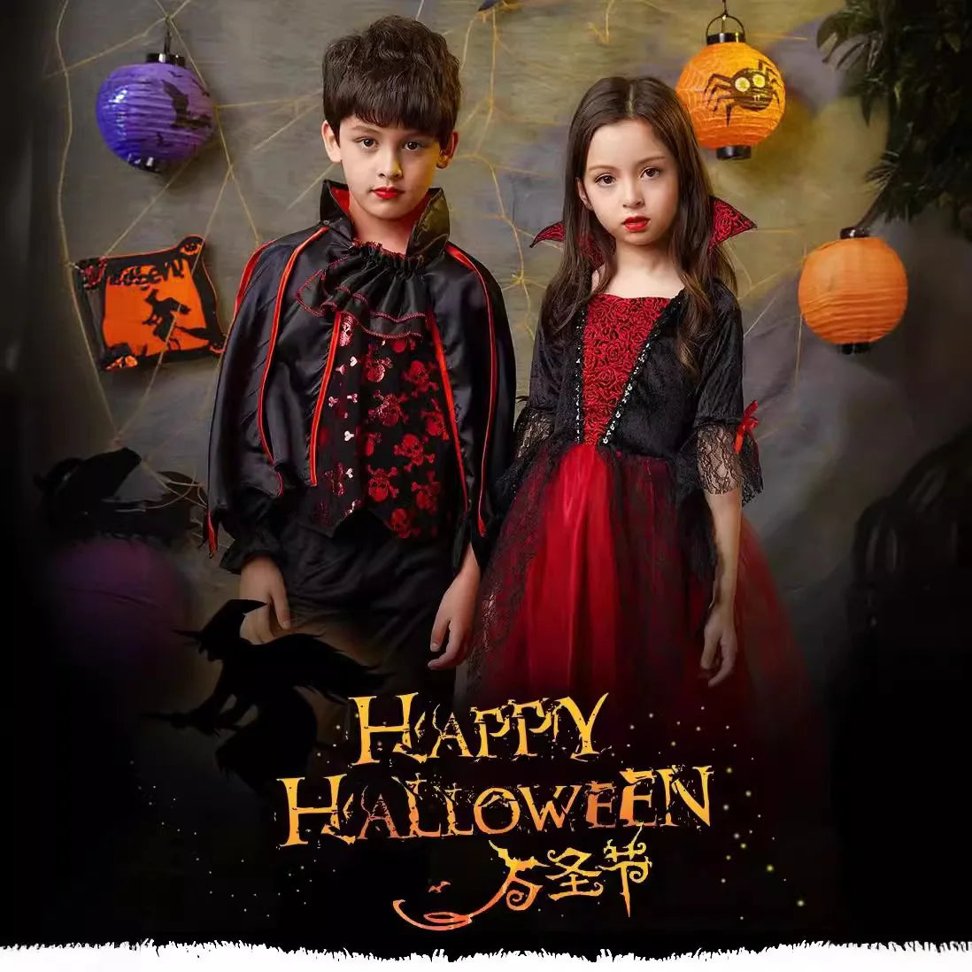 Kids Vampire Costume Gothic Halloween Dress with Accessories