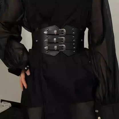 Retro Fashionable Punk Wide Waistband Women's Wide Belt for Dress Halloween Accessories Black