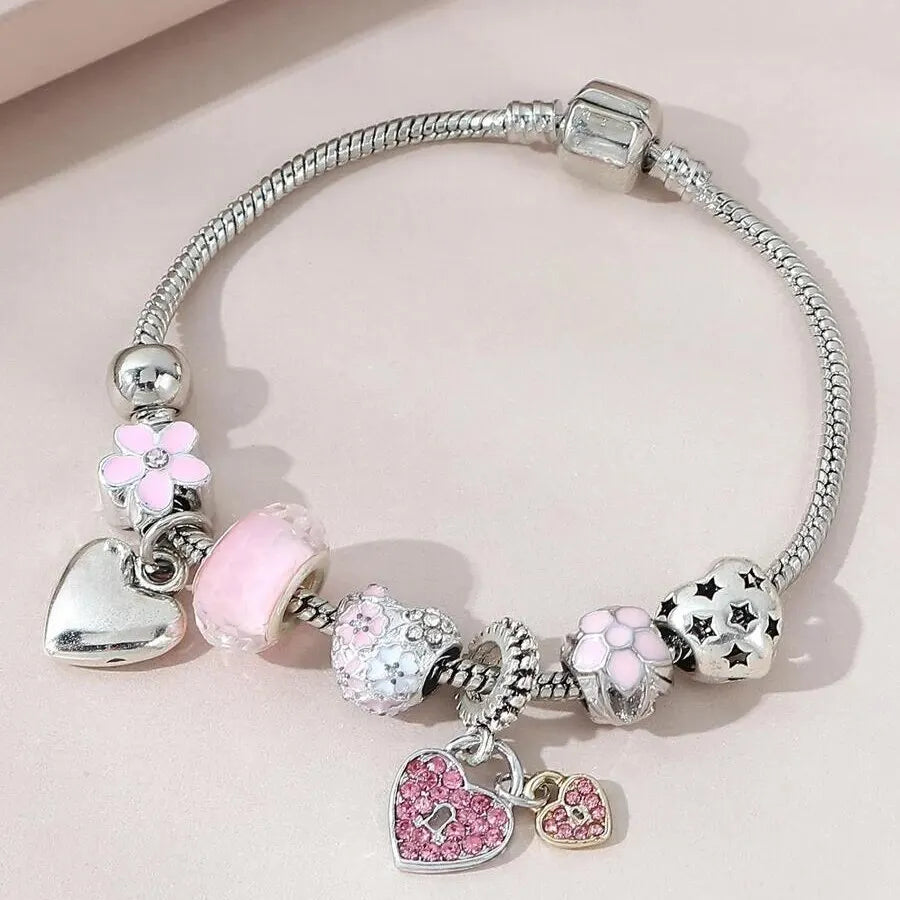Heart Charm Bracelet – Crystal Flower Adjustable Bead Bracelet