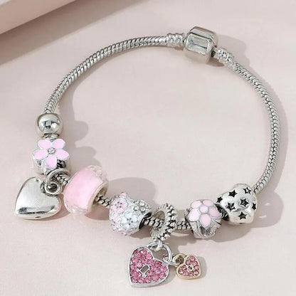 Heart Charm Bracelet – Crystal Flower Adjustable Bead Bracelet