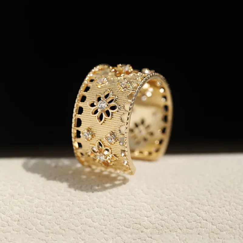 VENTFILLE  925 Sterling Silver Flower Geometry Ring For Women Girl Hollow Out Zircon Grace Wide Jewelry Gift Dropshipping