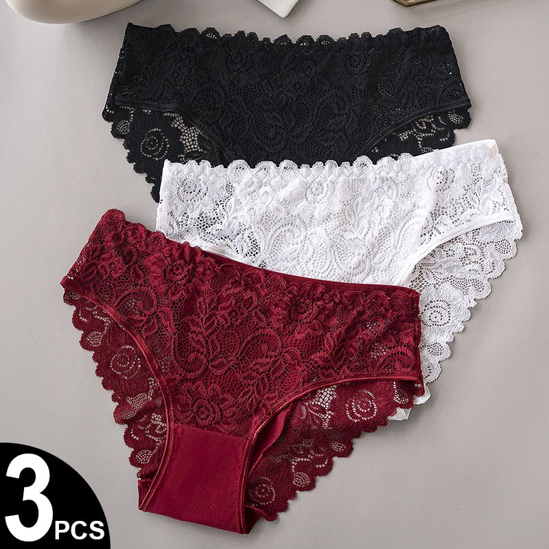 Lace Cotton Panties 3PCS Floral Embroidered Women's Briefs