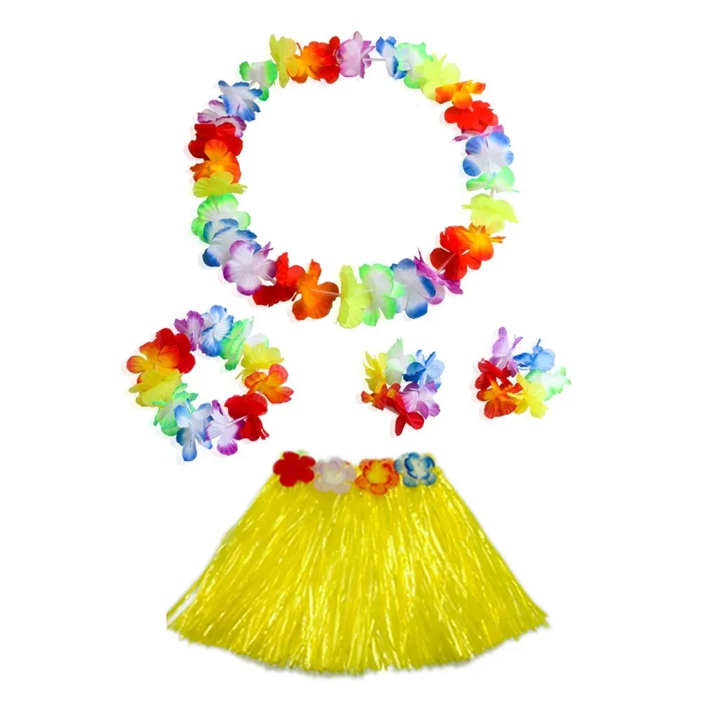 Hawaiian Luau Costume Set with Grass Skirt & Flower Leis
