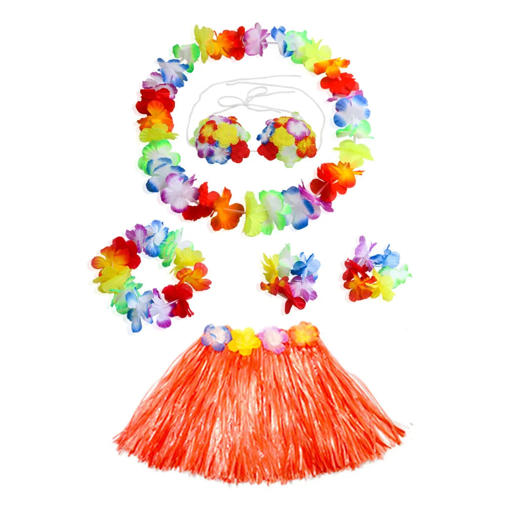 Hawaiian Luau Costume Set with Grass Skirt & Flower Leis