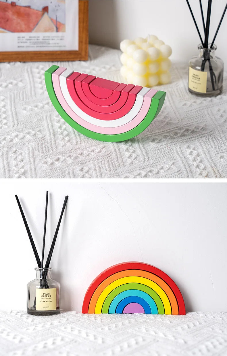 Wooden Rainbow Stacking Blocks Montessori Arch Bridge Toy