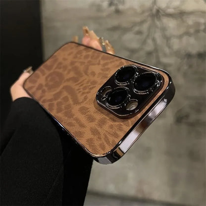 Leopard Print iPhone Case with Leather Texture & Lens Protection