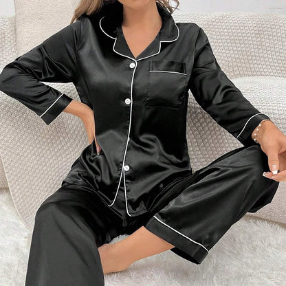 Women's Satin Pajama Set Long Sleeve Button Up Loungewear