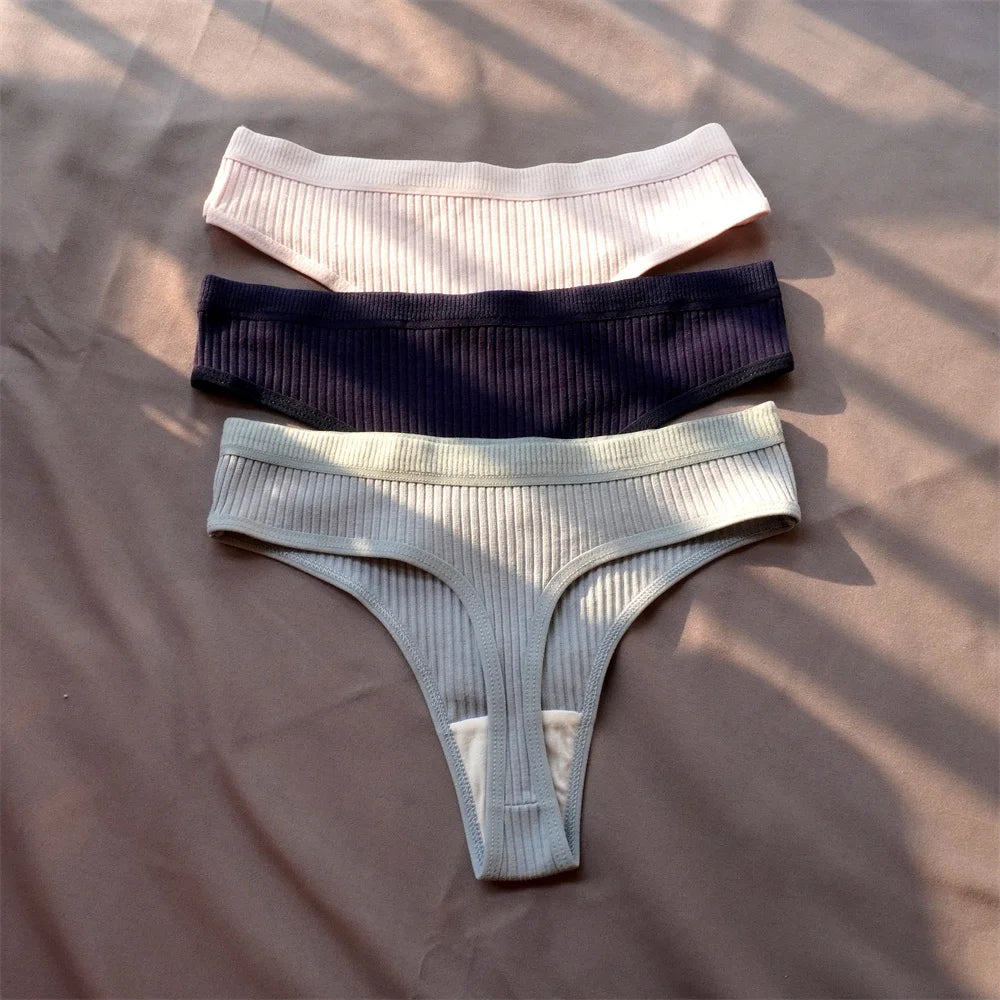 Cotton Ribbed Thong 3PCS Women's Seamless Low Rise G String