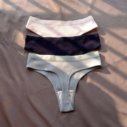 Cotton Ribbed Thong 3PCS Women's Seamless Low Rise G String