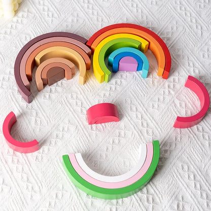 Wooden Rainbow Stacking Blocks Montessori Arch Bridge Toy