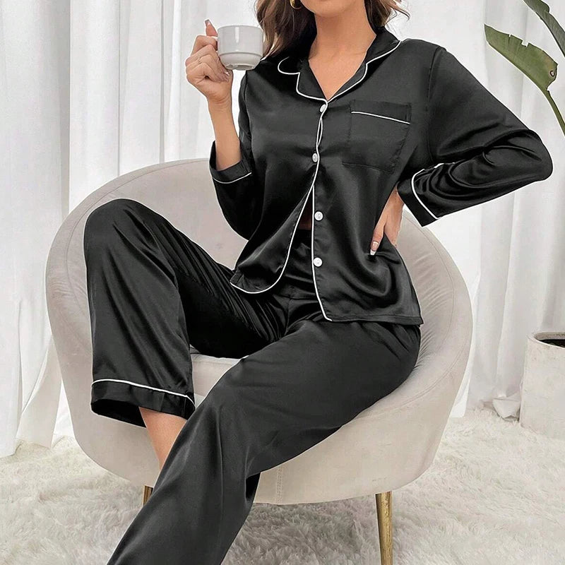 Women's Satin Pajama Set Long Sleeve Button Up Loungewear