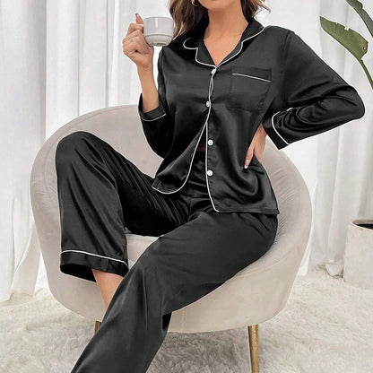 Women's Satin Pajama Set Long Sleeve Button Up Loungewear