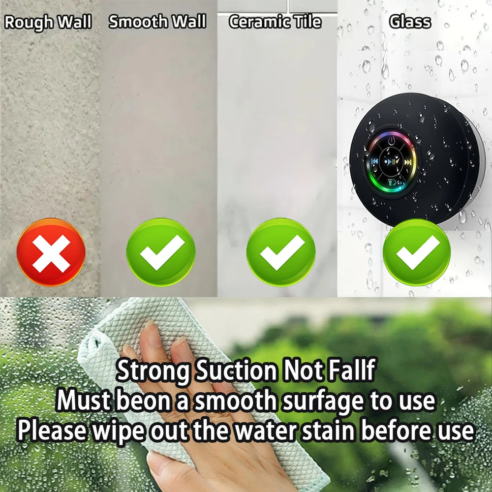 Portable Bluetooth Speaker Waterproof LED Suction Cup Shower Speaker