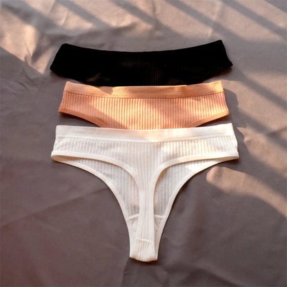 Cotton Ribbed Thong 3PCS Women's Seamless Low Rise G String