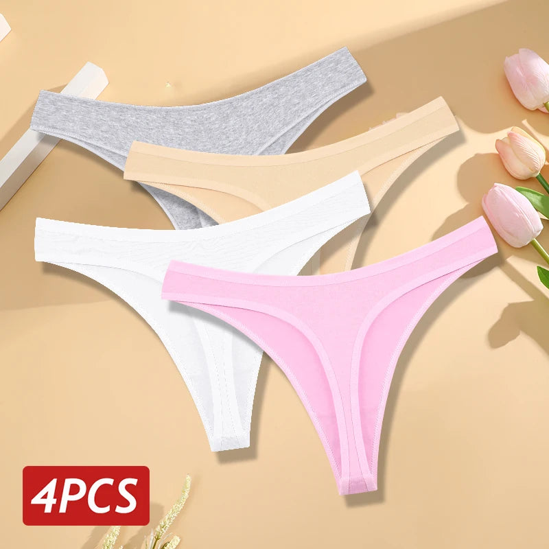 Women's Cotton Thong Panties 4PCS Seamless Low Rise Set