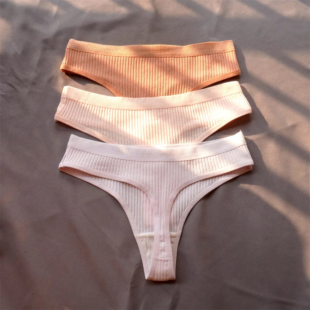 Cotton Ribbed Thong 3PCS Women's Seamless Low Rise G String