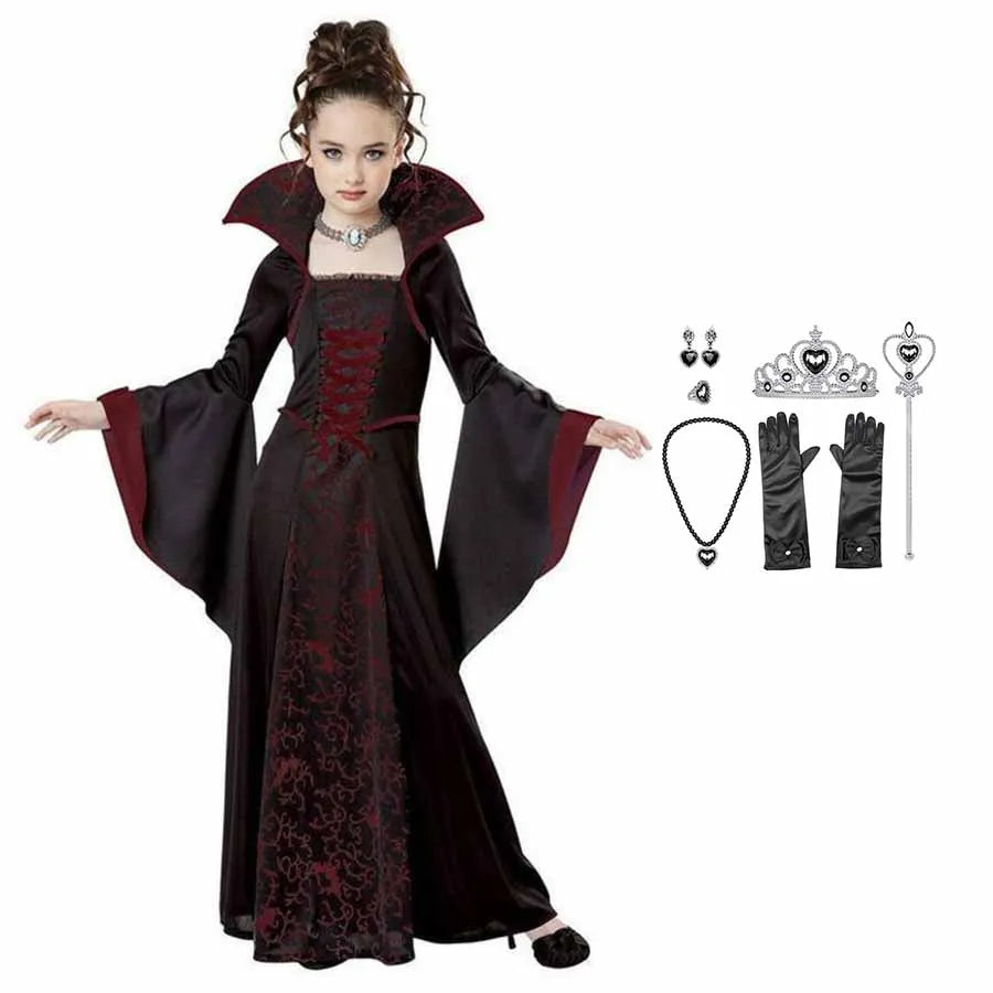 Kids Vampire Costume Gothic Halloween Dress with Accessories