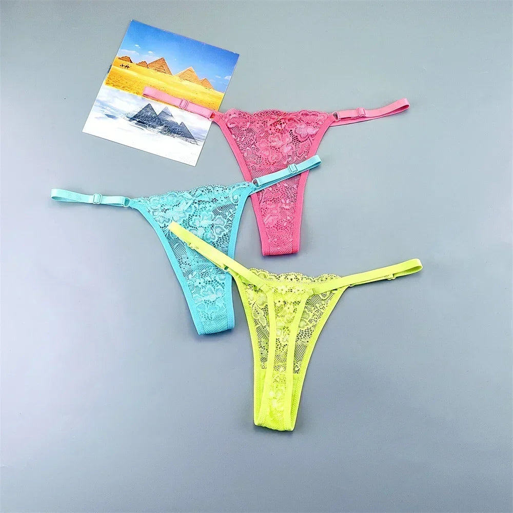 Women's Lace Thong Panties 3PCS Adjustable Low Rise Set