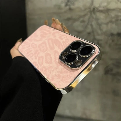 Leopard Print iPhone Case with Leather Texture & Lens Protection