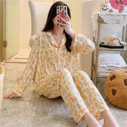 Women's Floral Pajama Set 2 Piece Viscose Long Sleeve Sleepwear