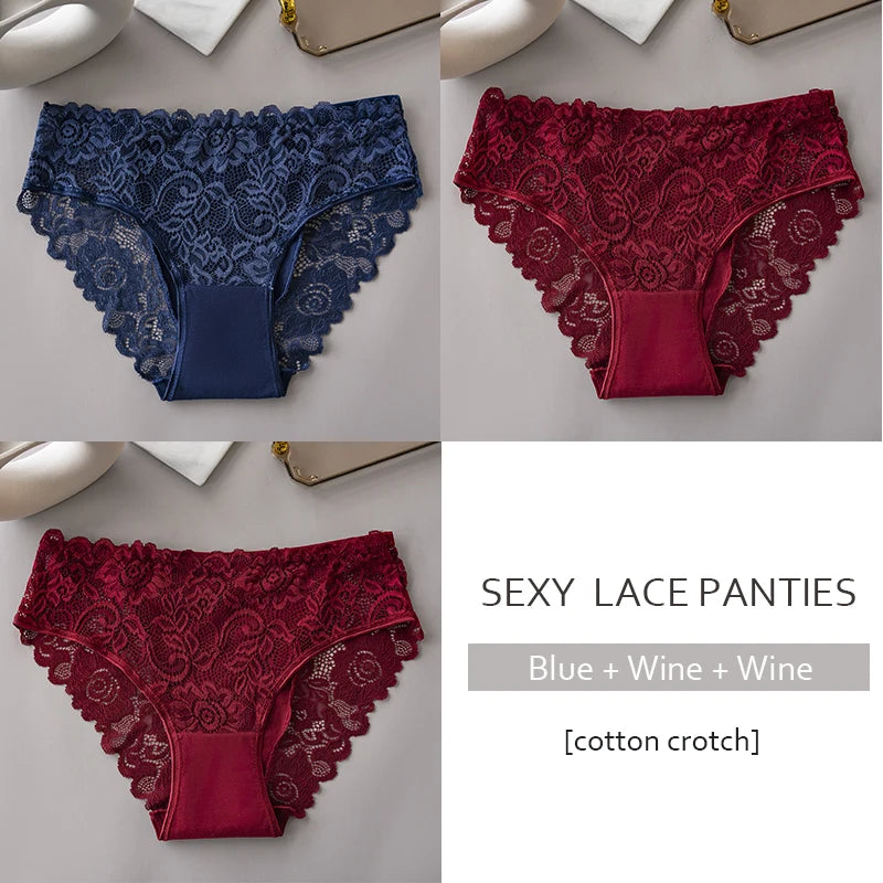 Lace Cotton Panties 3PCS Floral Embroidered Women's Briefs