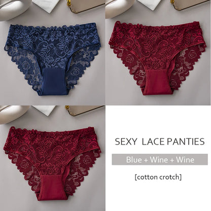 Lace Cotton Panties 3PCS Floral Embroidered Women's Briefs